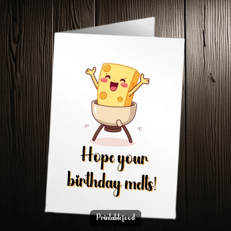 Funny Free Printable Birthday Card: Delighted cheese character leaps into fondue, embracing the cheesy fun, downloadable gift.