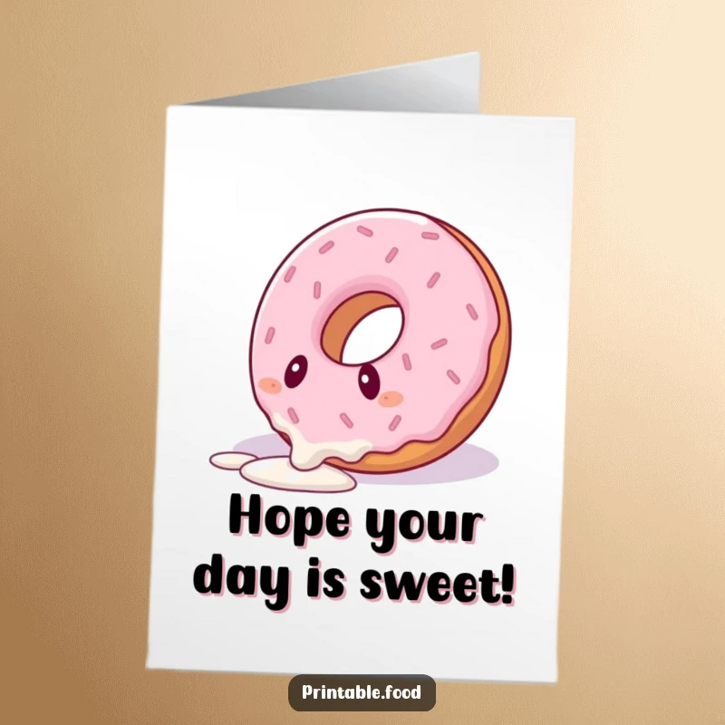 Funny Free Printable Birthday Card: A donut comically trips and falls over its own flowing icing drizzle, mid-tumble.
