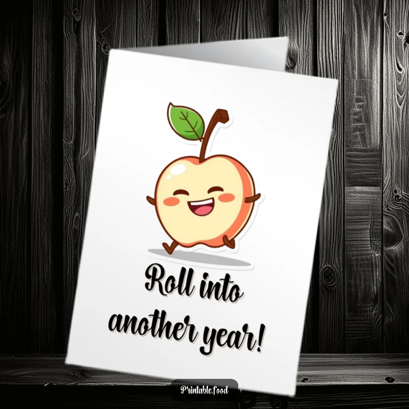 Funny Free Printable Birthday Card showing a determined little apple with a big grin rolling downhill, full of birthday spirit.