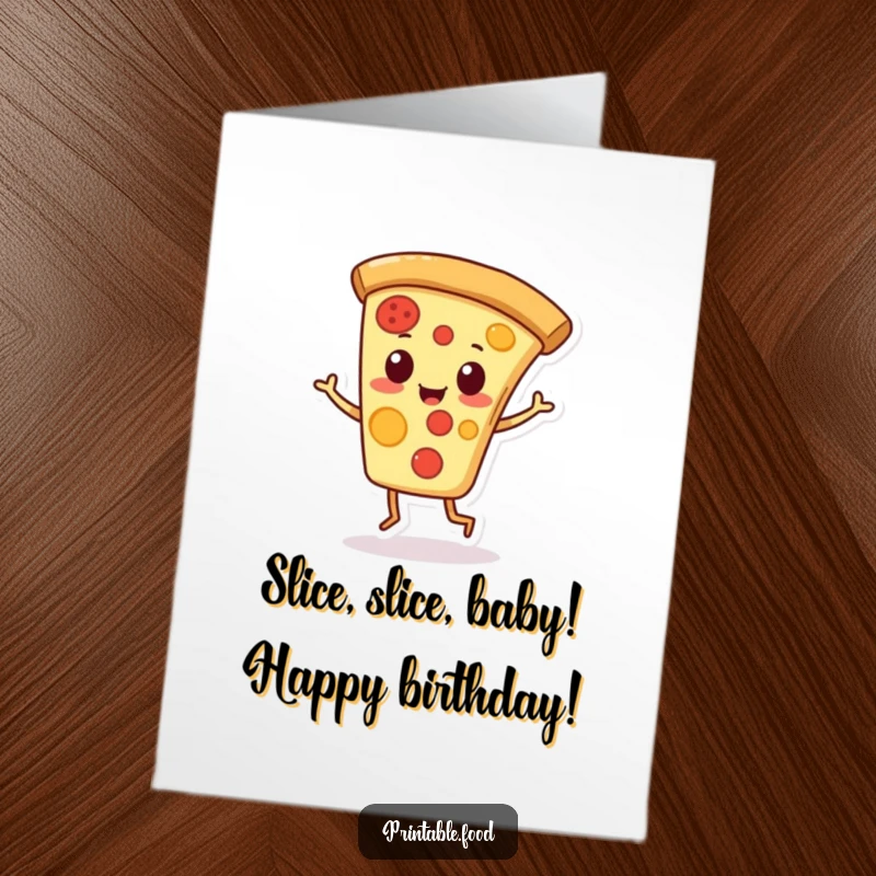 Funny Free Printable Birthday Card: A playful pizza slice character performs a jaunty jig, spreading cheesy birthday cheer. Deliciously amusing.