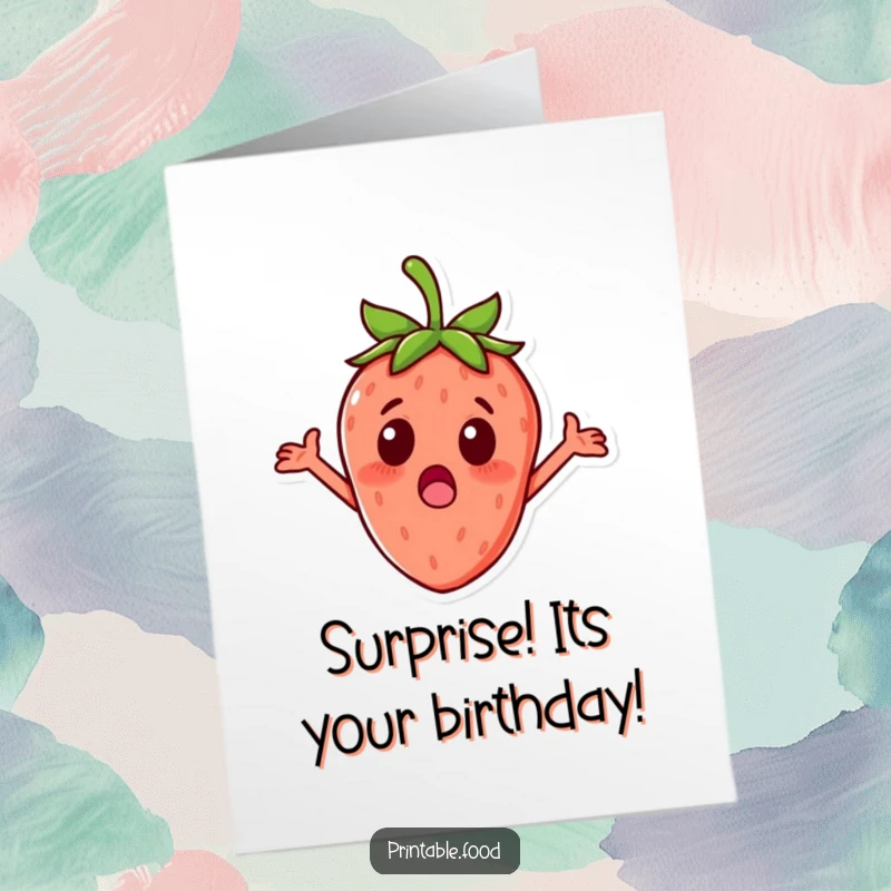 Funny Free Printable Birthday Card: A surprised strawberry character with tiny arms outstretched, reacting to birthday fun. Adorable.