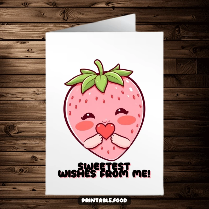 Sweet Free Printable Birthday Card: Blushing strawberry character shyly offering a tiny red heart, perfect for birthdays.