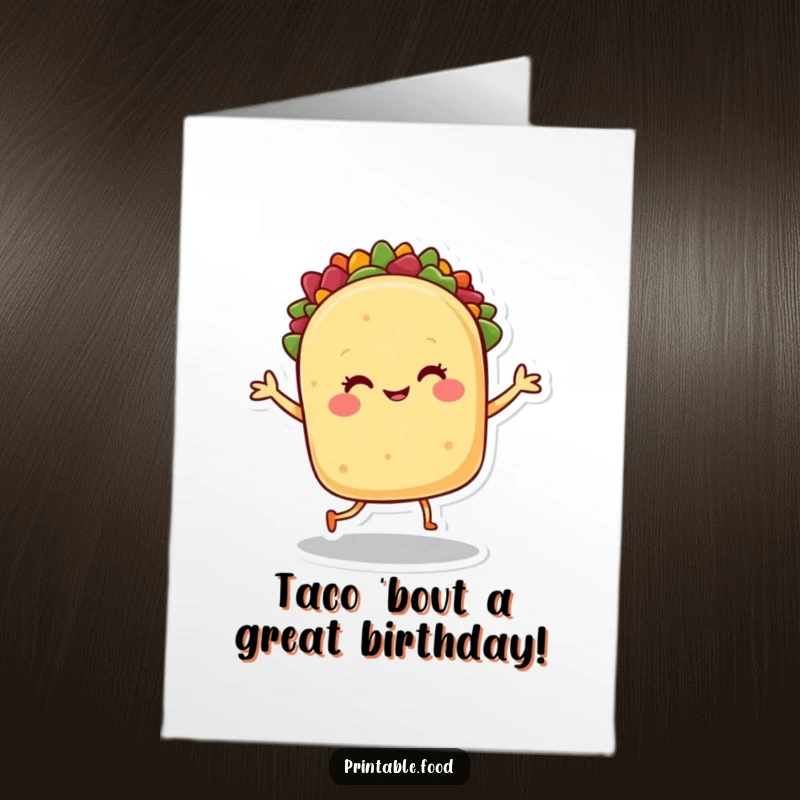 Funny Free Printable Taco Birthday Card: A smiling taco character with legs does a vibrant happy dance, celebrating a birthday.
