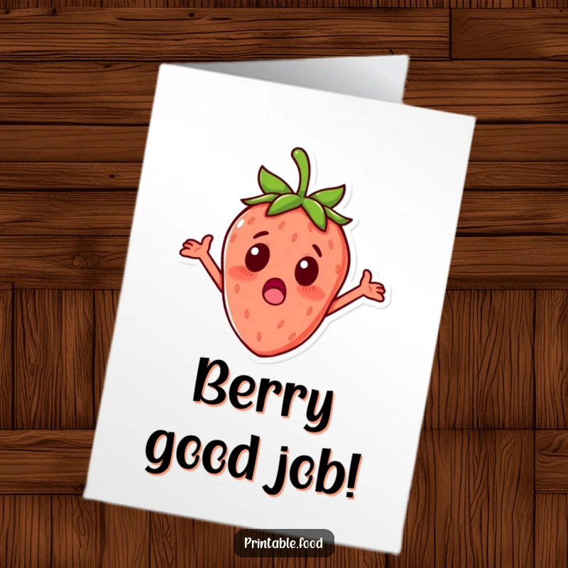 Funny Free Printable Congrats Card: Surprised strawberry character with tiny arms outstretched, celebrating your success. Downloadable.