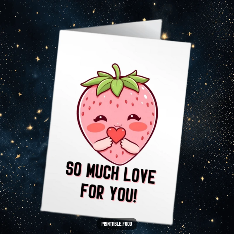 Free Printable Congratulations Card: A blushing strawberry character shyly presenting a small heart, ideal for congrats.