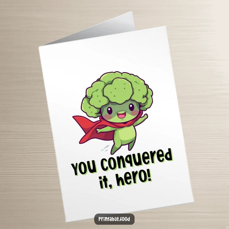 Funny Free Printable Congratulations Card: A determined broccoli superhero with a cape flying high above.