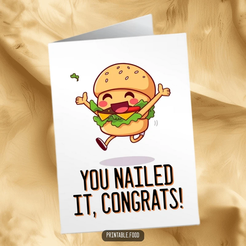 Funny Free Printable Congratulations Card showing an ecstatic burger character leaping with lettuce flying mid-air in celebration.