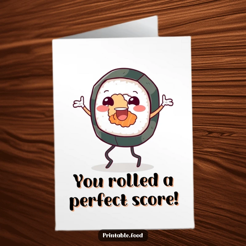 Funny Free Printable Congratulations Card: A cheerful sushi roll character with legs performs a joyful jig for your success.