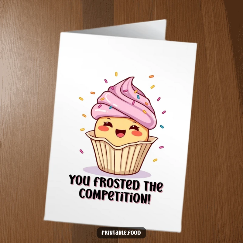 Funny Free Printable Congratulations Card with a cheerful cupcake character showering confetti from its wrapper.