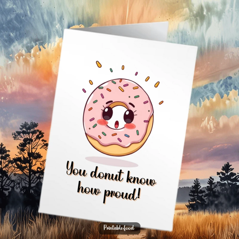 Funny Free Printable Congratulations Card with a surprised donut character showering sprinkles like rain.