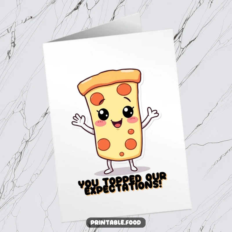 Funny Free Printable Congratulations Card with a giggling pizza slice character dancing and waving playfully.