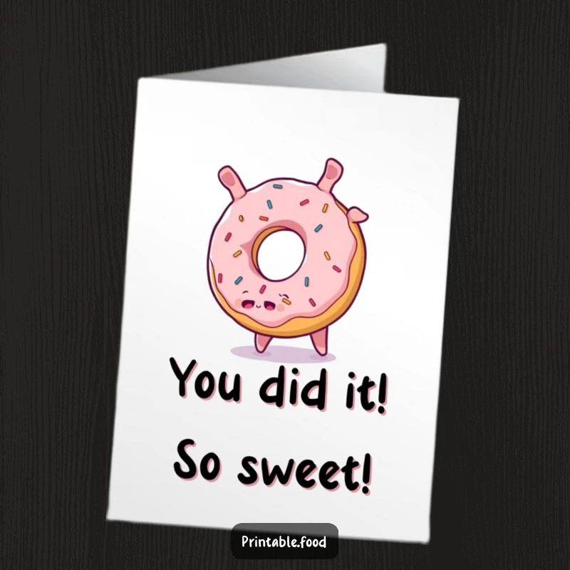 Funny Free Printable Congrats Card: Plump donut character with sprinkles performs a joyful somersault, celebrating success, DIY gift.