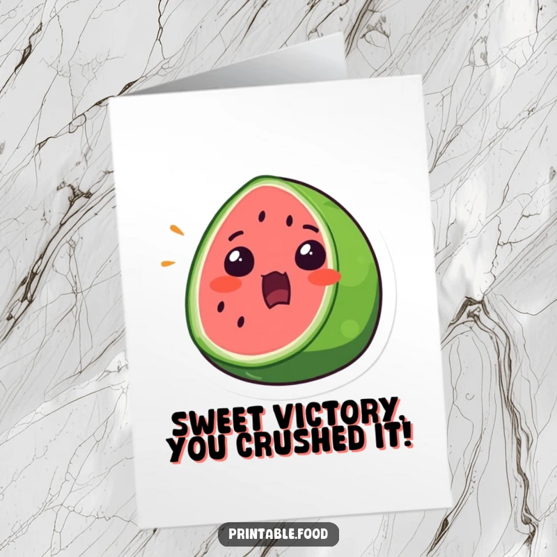 Funny Free Printable Congratulations Card: A surprised watermelon slice with a wide mouth, reacting to fantastic news.