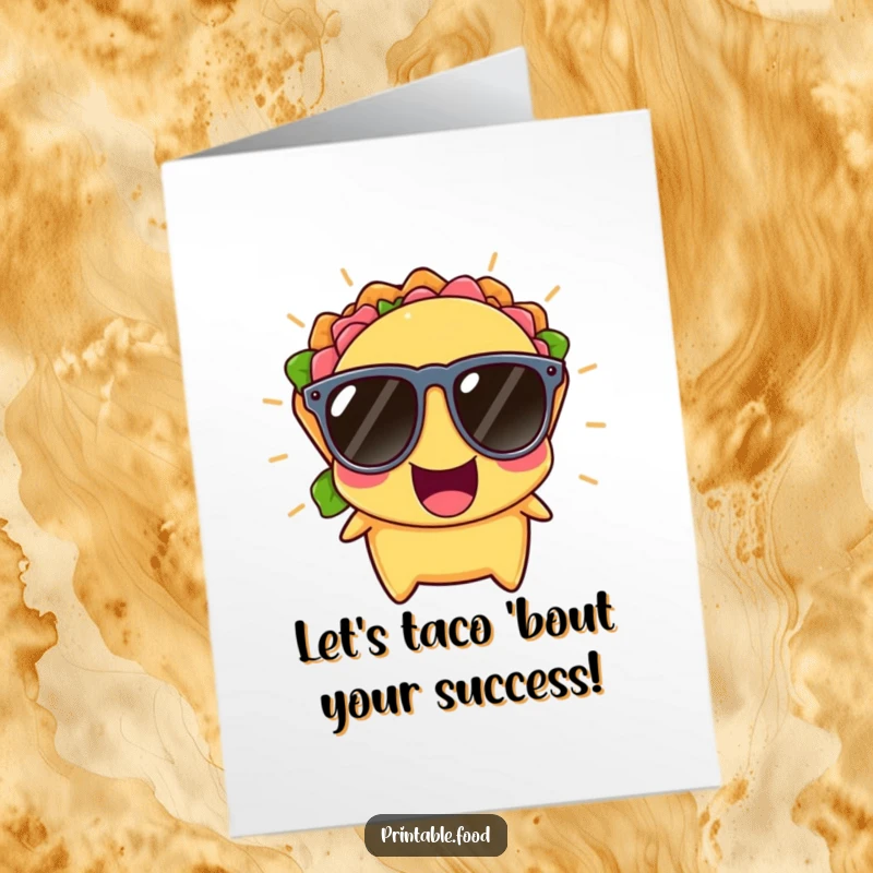 Funny Free Printable Congratulations Card: Cool taco with tiny sunglasses, bursting with laughter and celebrating a fantastic achievement.
