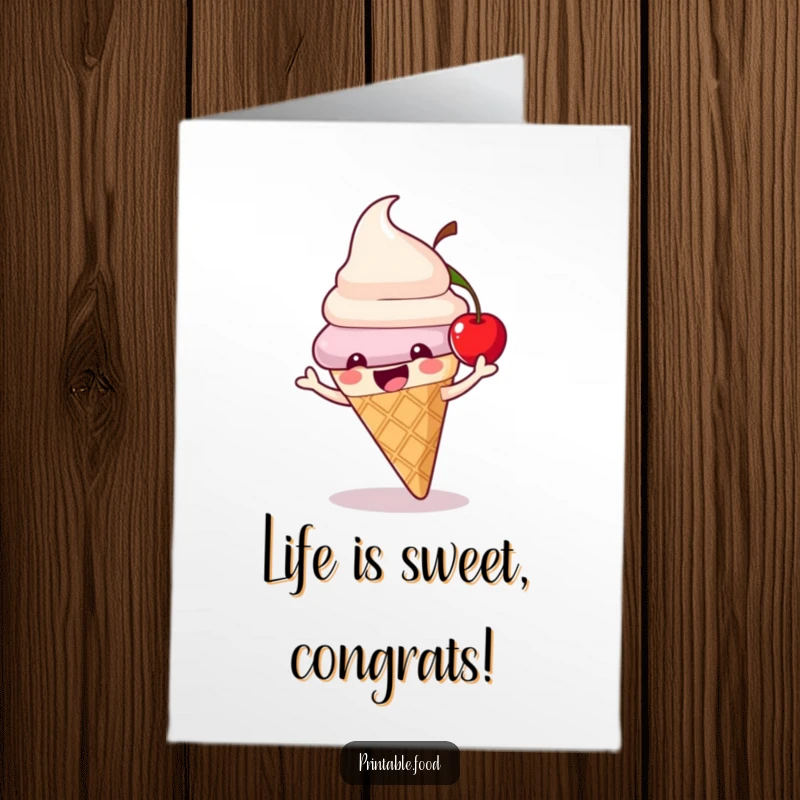 Funny Free Printable Congratulations Card featuring a joyful ice cream cone character and its bouncing cherry celebrating.