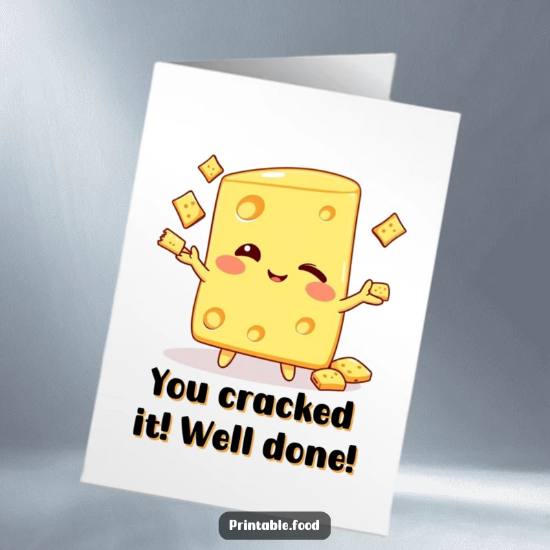 Funny Free Printable Congratulations Card featuring a winking cheese wedge masterfully juggling tiny crackers.