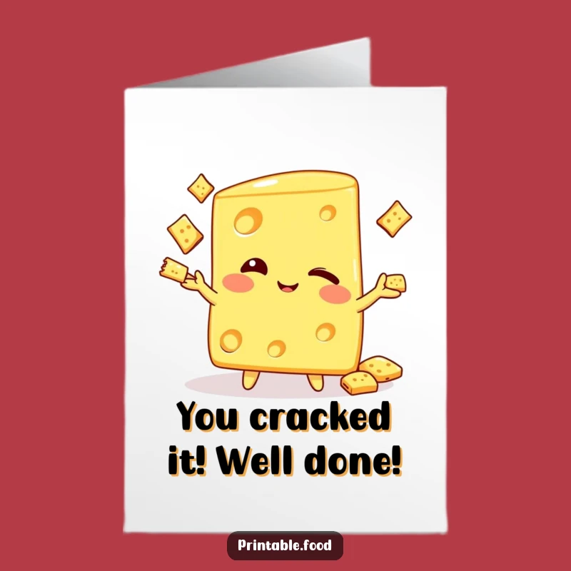 Celebrate achievements with this delightful free printable congratulations card. A winking cheese wedge juggling crackers adds a playful, funny touch to your print at home message.