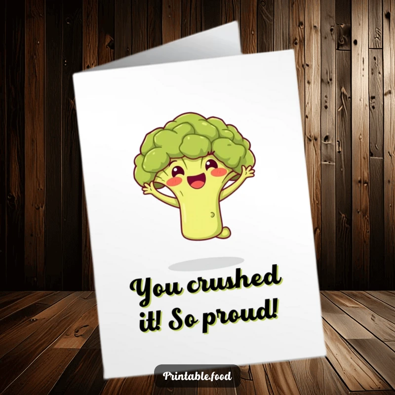 Funny Free Printable Congratulations Card: Energetic broccoli floret mid-air, celebrating achievements with pure elation.