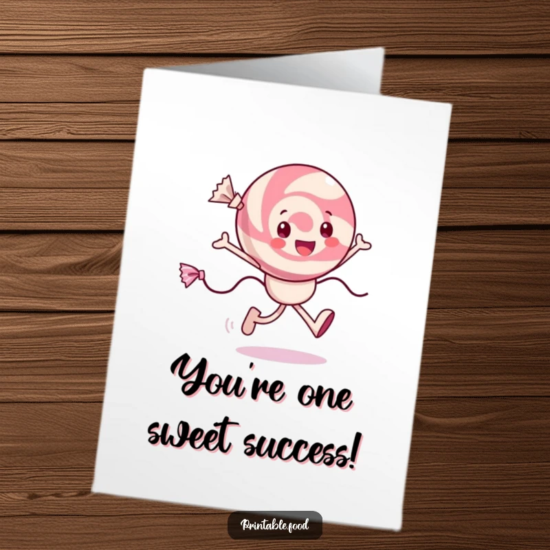 Funny Free Printable Congratulations Card showing a cheerful candy character skipping with joy and colorful wrappers trailing.
