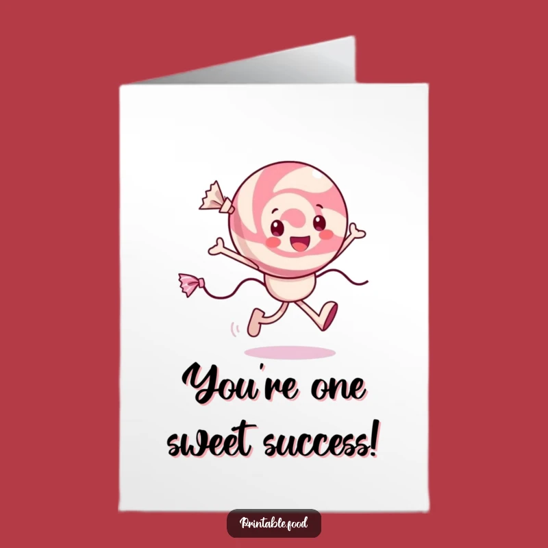 Free Printable Congrats Card: Candy Character Skips with Joy Over Your Success!