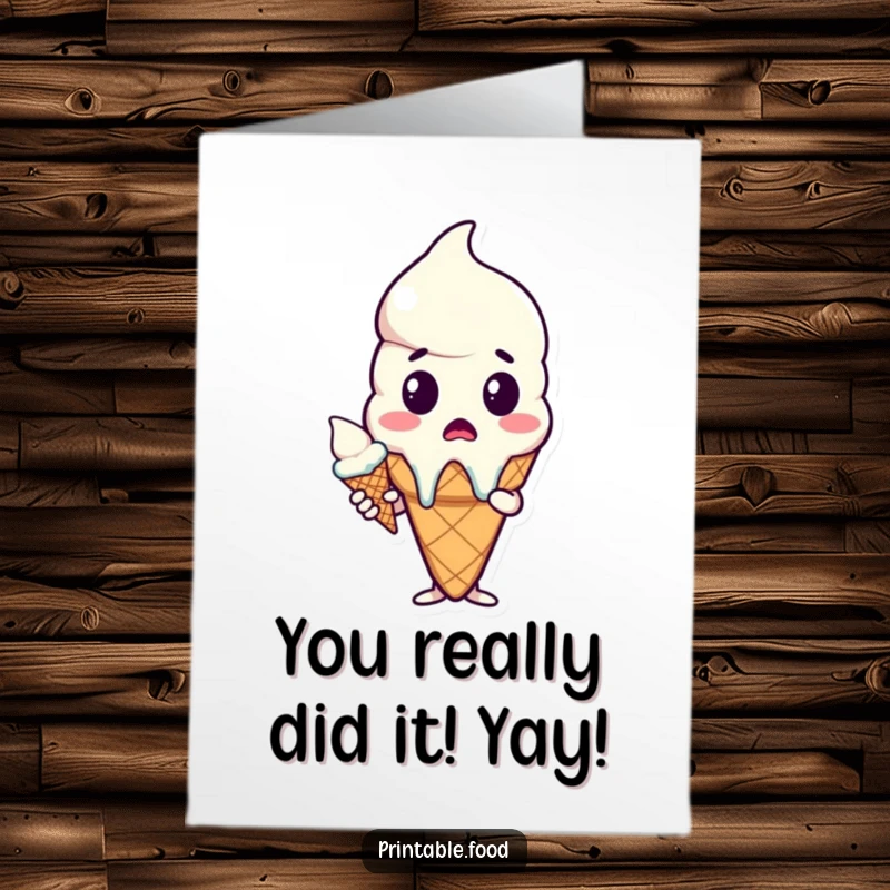 Funny Free Printable Congratulations Card: An ice cream cone with a shocked expression holds a melting cone, perfect for unexpected news.