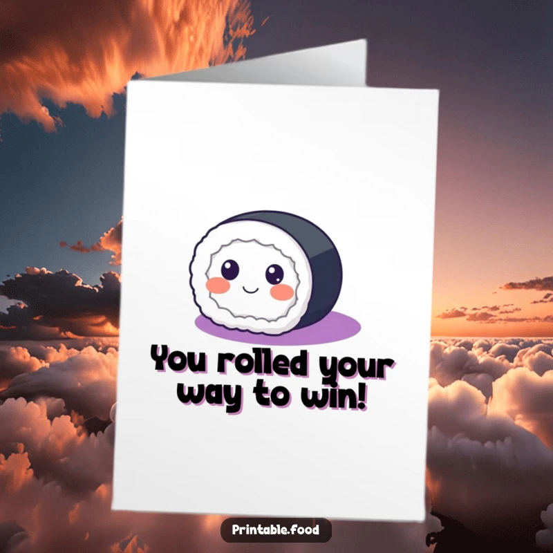 Funny Free Printable Congratulations Card: Happy sushi roll with eyes, rolling across a purple background to celebrate success.
