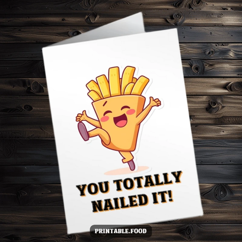 Funny Free Printable Congrats Card: Energetic french fry character executing a powerful high kick to celebrate success, pure joy.