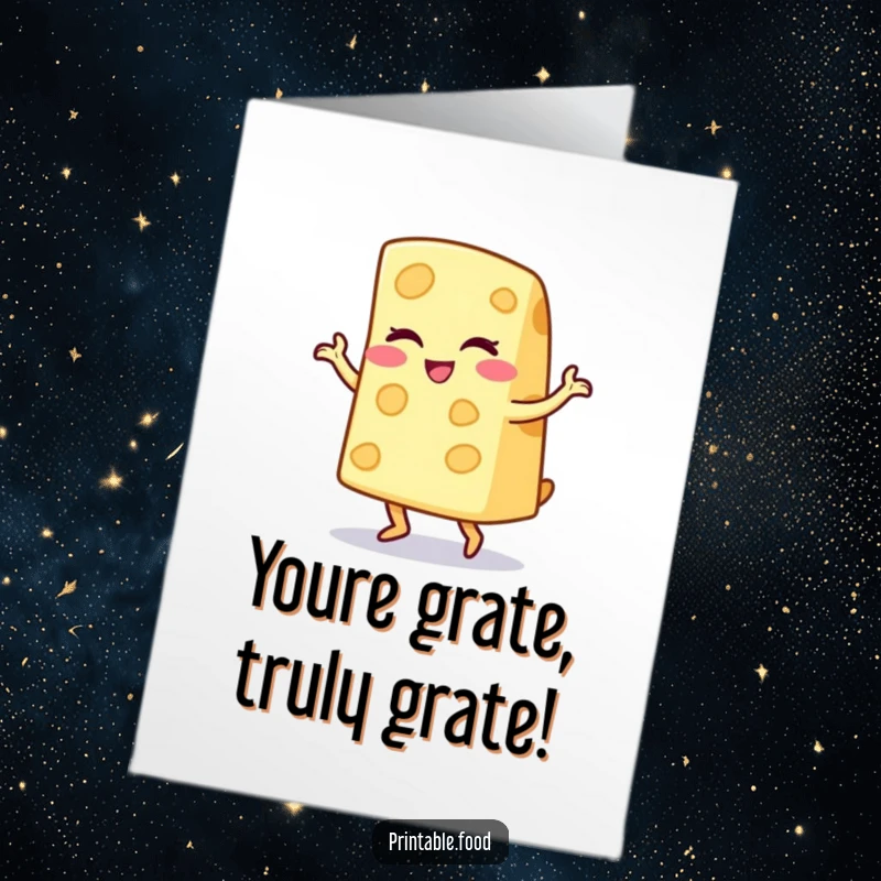 Funny Free Printable Congrats Card: Winking cheese wedge doing a playful jig, full of celebratory spirit. A cheesy win.