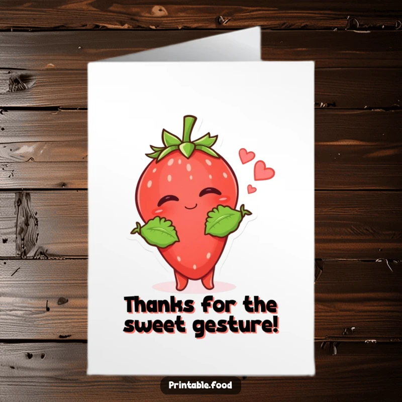 Funny Free Printable Thank You Card: Giggling strawberry character with leafy arms blowing a kiss, expressing thanks sweetly, downloadable art.