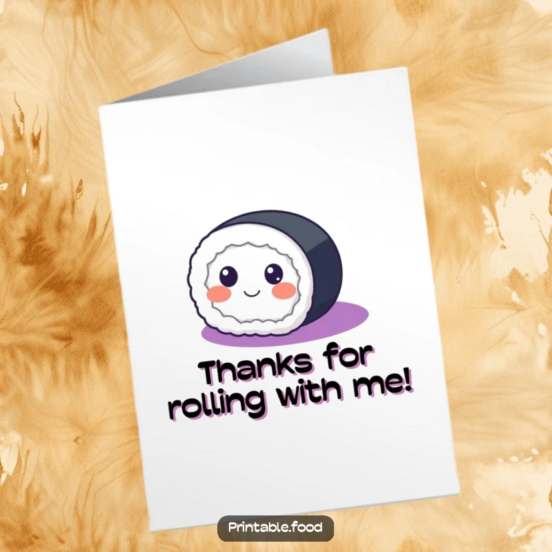 Funny Free Printable Thank You Card: A happy sushi roll with eyes rolling across a purple gradient, expressing thanks.