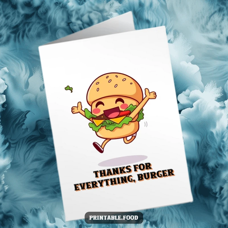 Funny Free Printable Thank You Card depicting a grinning burger character leaping with lettuce flying, expressing gratitude.