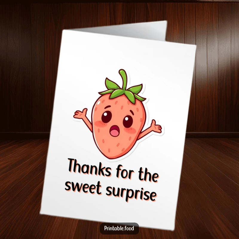 Funny Free Printable Thank You Card: A surprised strawberry character with tiny outstretched arms, expressing thanks. Cute and funny.