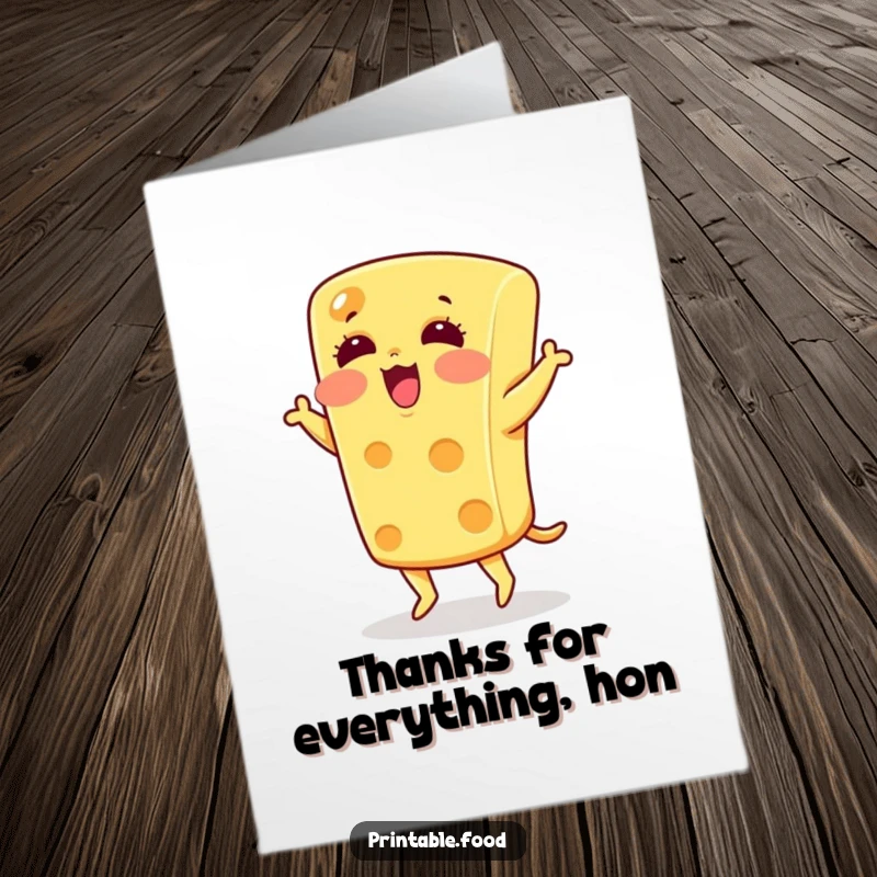 Funny Free Printable Thank You Card: A blushing cheese character performing a silly jig to express thanks. Whimsical and funny.