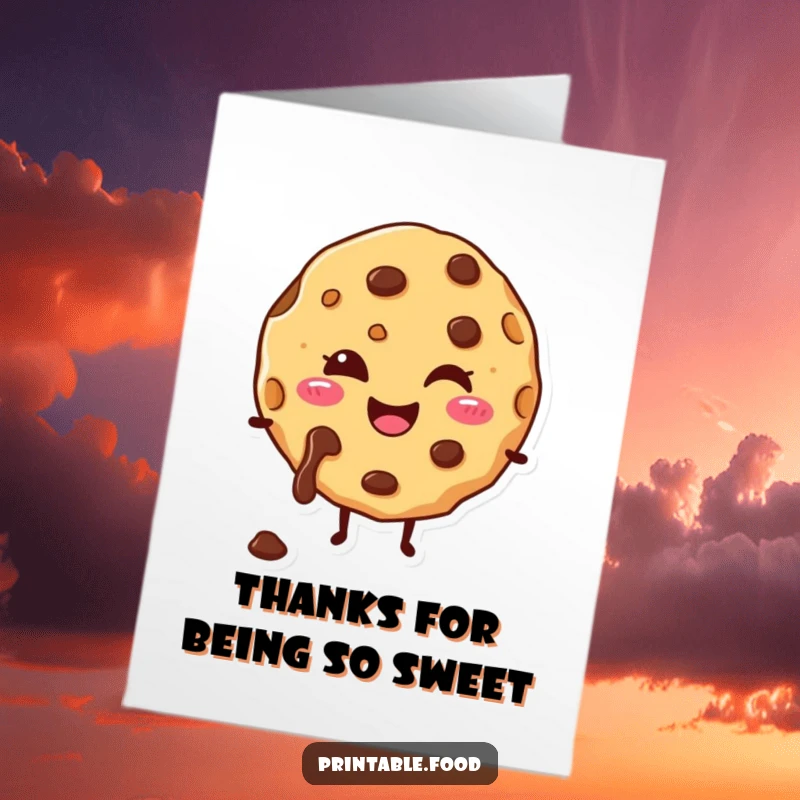 Funny Free Printable Thank You Card: A happy cookie character with melting chocolate chips offers a sweet and cheerful thank you. Simply delicious.