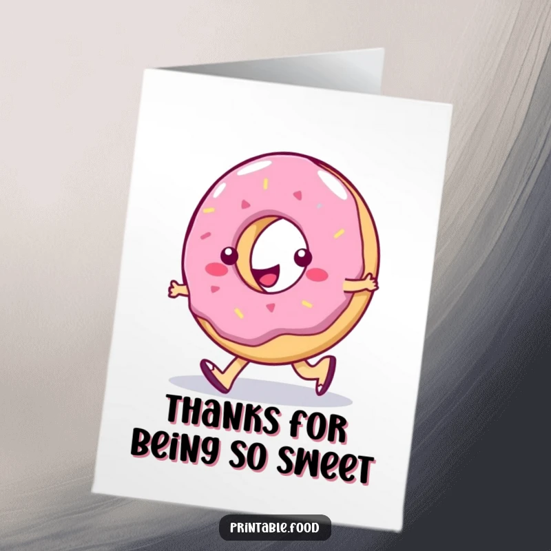 Funny Free Printable Thank You Card: a wobbly jelly donut character does a silly walk, expressing thanks with sweet humor.