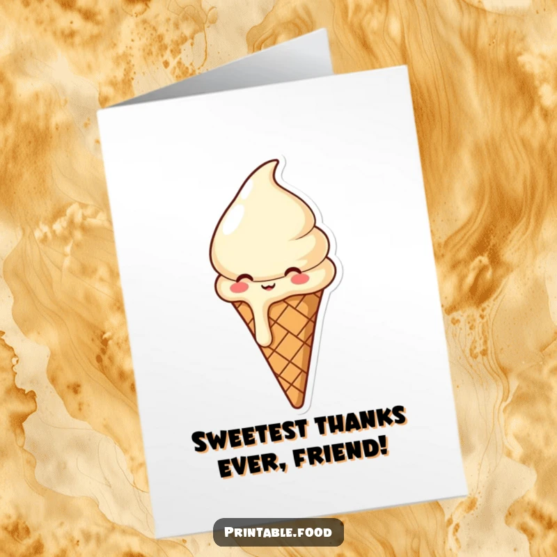 Funny Free Printable Thank You Card: A happy, melting ice cream cone giggling with delight, sending thanks.