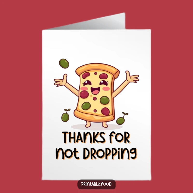 Free Printable Thank You Card: Pizza Catches Olives, Cheerful Foodie Downloadable Art