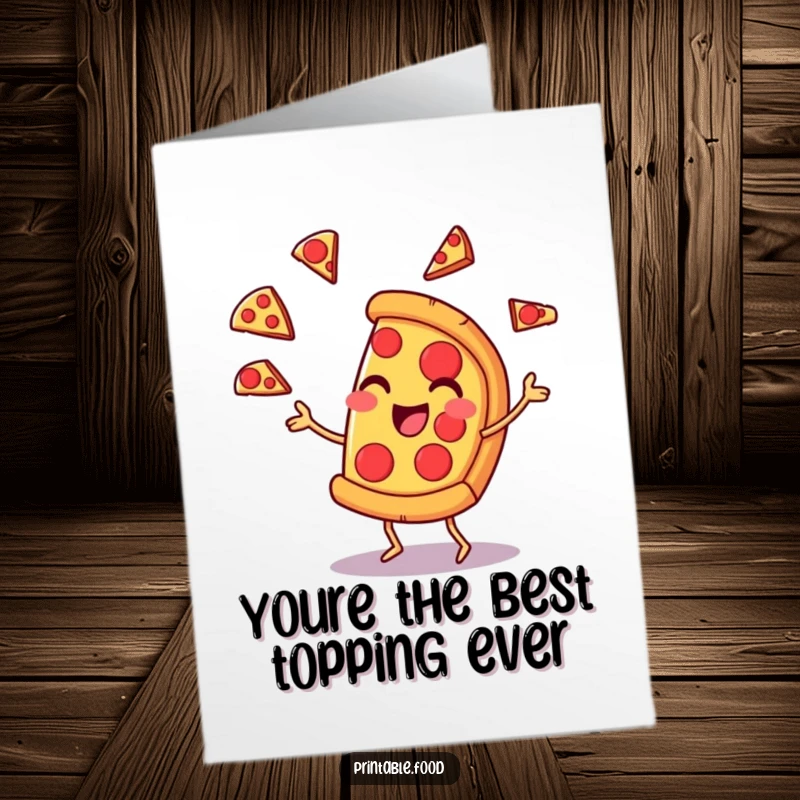 Funny Free Printable Thank You Card: Pizza slice character juggling pepperoni with a cheerful smirk. A grateful gesture.