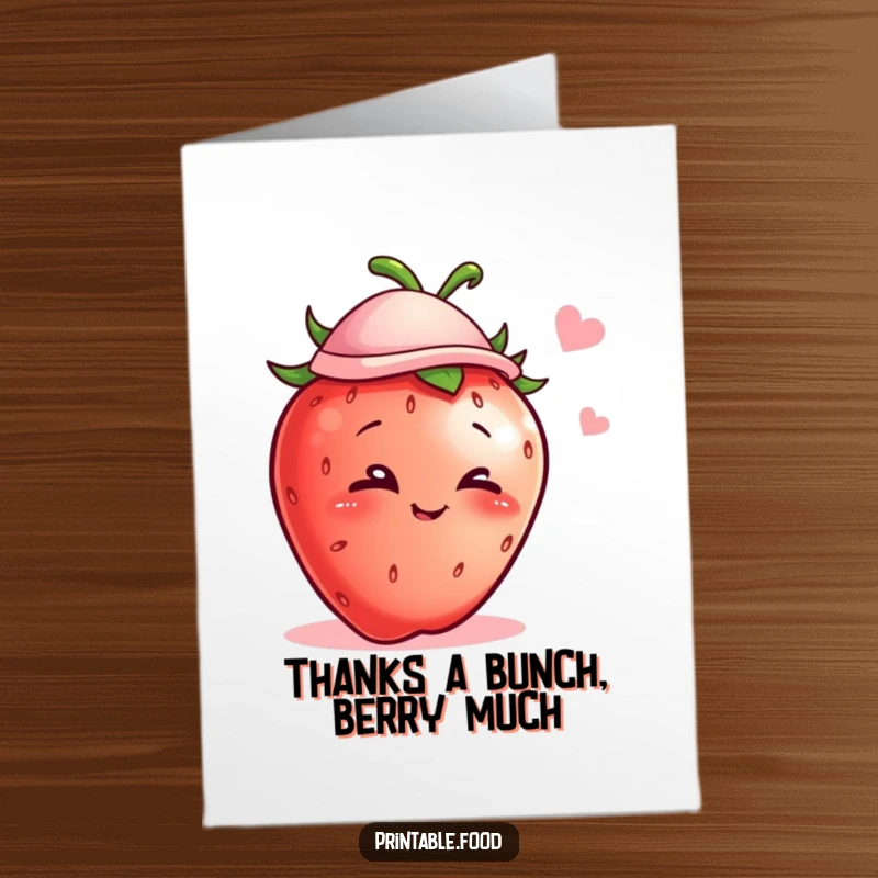 Funny Free Printable Thank You Card with a mischievous strawberry in a tiny hat, offering a sly wink.