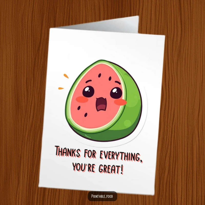 Funny Free Printable Thank You Card: A surprised watermelon slice with a wide mouth, open in an expression of thanks.