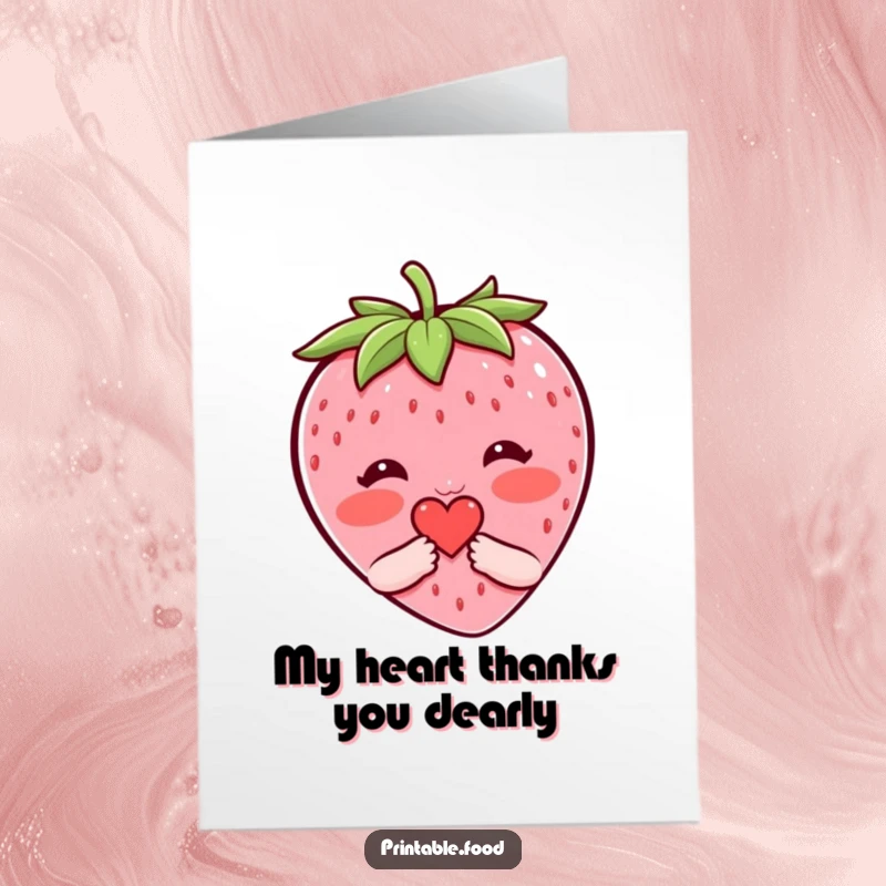 Funny Free Printable Thank You Card: Shy blushing strawberry character offering a little heart, a sweet thank you.