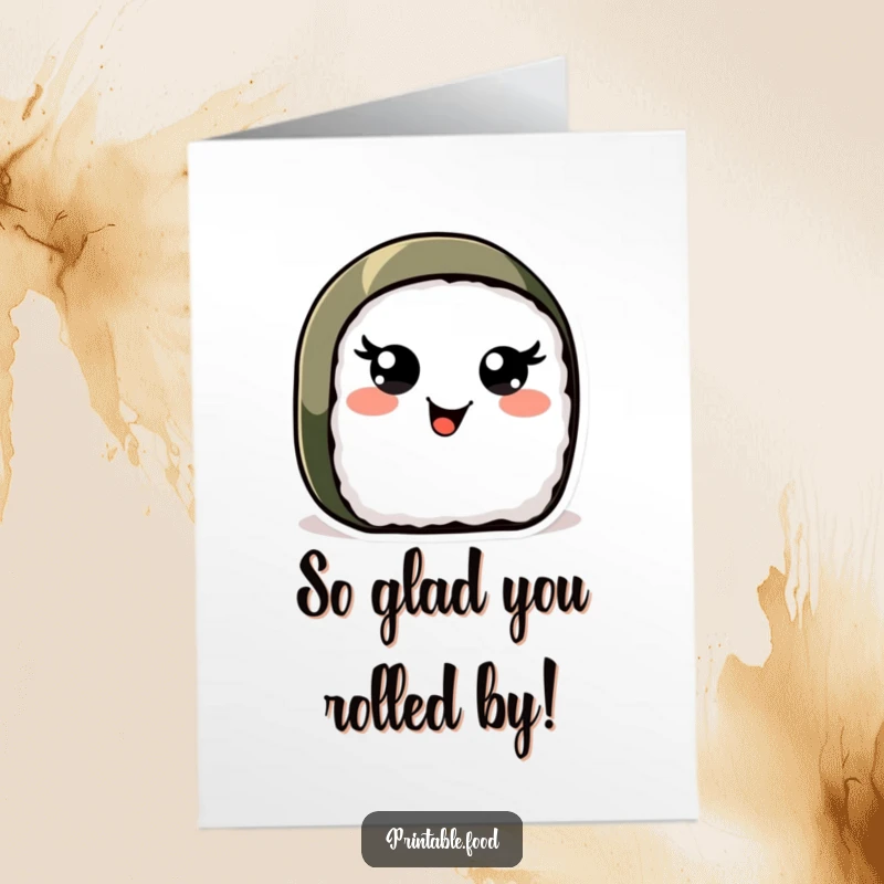 Funny Free Printable Thank You Card: Cheerful sushi roll character wiggling eyes, conveying thanks with a smile, downloadable art.