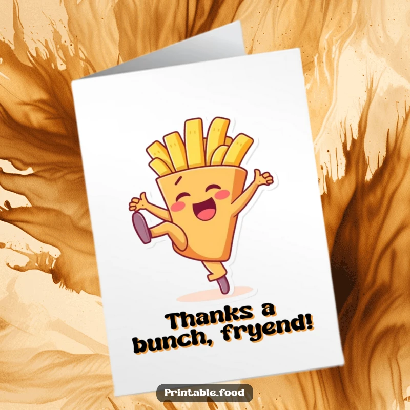 Funny Free Printable Thank You Card: Delighted french fry character performing a dynamic high kick, conveying energetic gratitude.
