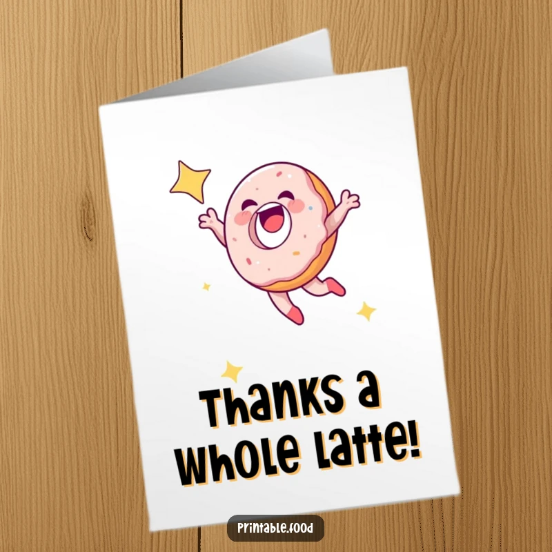 Funny Free Printable Thank You Card: A laughing doughnut character leaping into the stars, expressing thanks. Whimsical and fun.