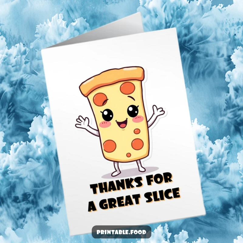 Funny Free Printable Thank You Card featuring a giggling pizza slice character dancing with a playful wave.