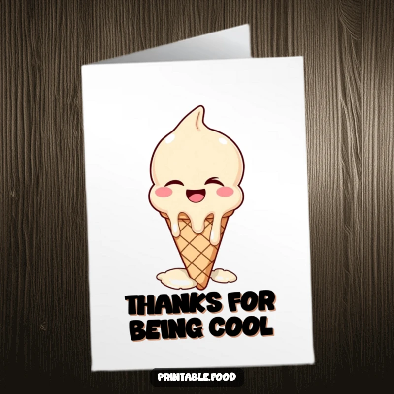 Funny Free Printable Thank You Card: A winking ice cream cone melts hilariously while laughing, a truly sweet thank you.