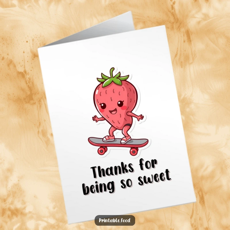 Funny Free Printable Thank You Card: a strawberry character skates by, delivering thanks with a playful, humorous attitude.