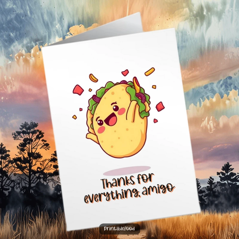 Funny Free Printable Thank You Card: A delighted taco performs a flying somersault, a chaotic yet cheerful way to say thanks.