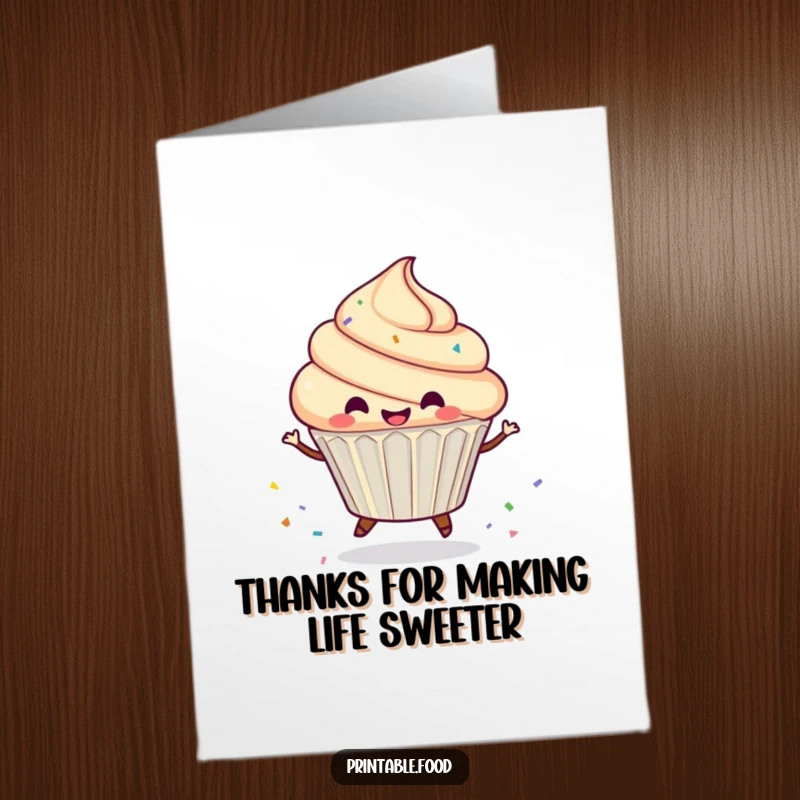 Funny Free Printable Thank You Card: A happy cupcake spinning and scattering sprinkles, expressing gratitude in a delightful way.