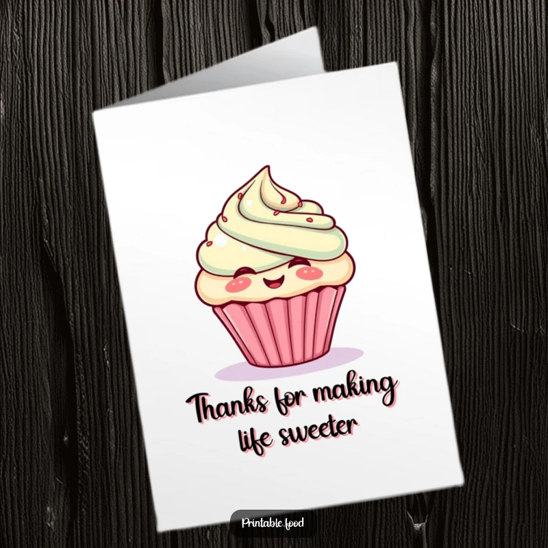 Funny Free Printable Thank You Card: A giggling cupcake character puffs its frosting out with pure glee.